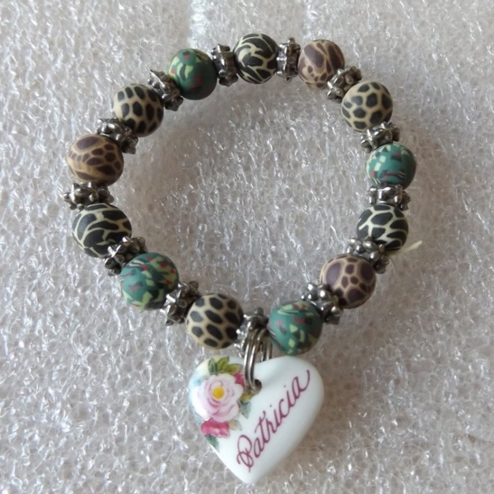 Patricia Personalize Heart Charm Clay Beads Beaded Stretch Bracelet